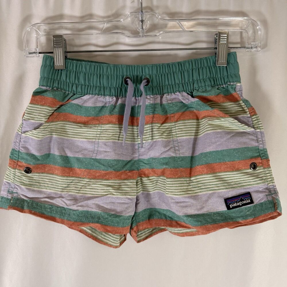 Patagonia Baggie Shorts Girls Medium Green Orange Striped Pull On Drawstring